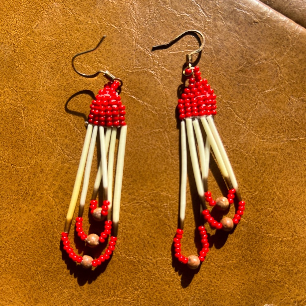 Native Handmade Porcupine Quill Red Beaded Dangle Earrings